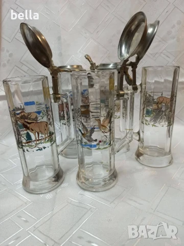 Немски стари стъклени масивни халби 5 броя с животни ,доста масивни 23 см височина., снимка 12 - Антикварни и старинни предмети - 50590492