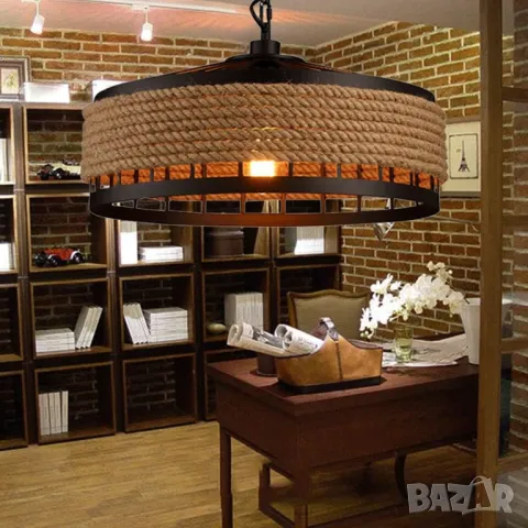 Конопено въже Индустриален стил Ретро лампа Висяща лампа Висящ тип Кръгла клетка Желязо E27 Полилей , снимка 2 - Лампи за таван - 34013296