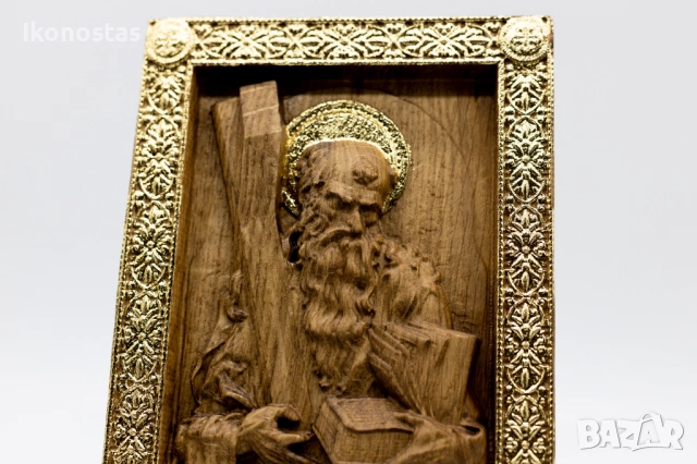 Позлатена релефна икона на Свети Андрей Първозвани от дъб, снимка 6 - Икони - 53224126