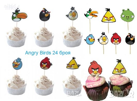 Angry Birds енгри бърдс 12 бр топери клечки за мъфини декорация и украса, снимка 1 - Други - 23132188