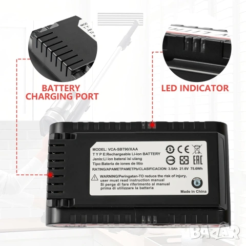Батерия VCA-SBT90 за Samsung Jet 75/90 21.6V 3500mAh, снимка 5 - Прахосмукачки - 53282556