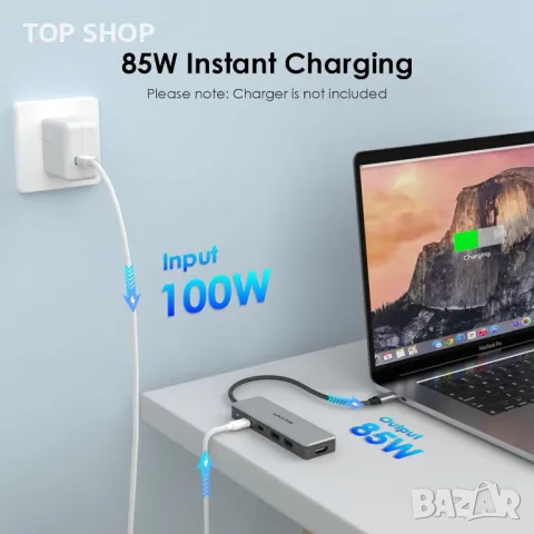 WAVLINK USB C 3.2 хъб HDMI, 10Gbps USB C към HDMI адаптер с 85W PD зареждане, 4K60Hz HDMI, снимка 2 - Кабели и адаптери - 49457526