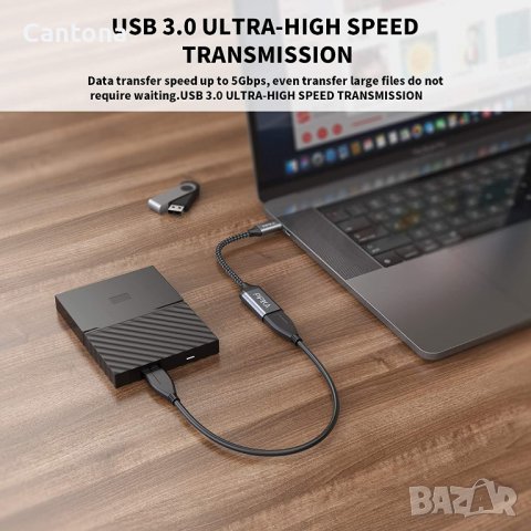 PIPIKA USB C към USB 3.0 адаптер, USB C мъжко към USB A женско, 5Gbps, найлонова оплетка, снимка 7 - USB кабели - 40119312