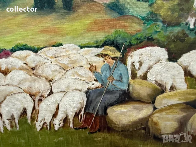 Красива маслена картина „Овчарка със стадо“. №8234, снимка 3 - Антикварни и старинни предмети - 55810971