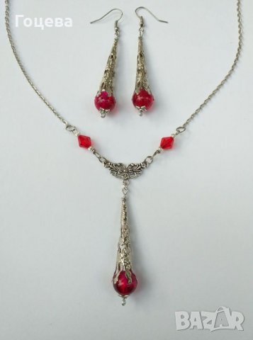 Разкошен Викториански комплект колие и обеци с рубинено червени кракъл мъниста и изящни орнаменти, снимка 12 - Бижутерийни комплекти - 29920816