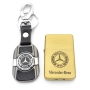 Стилен подарък за мъж Мерцедес – метална златиста запалка и ключодържател от естествена кожа, снимка 1