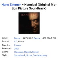 HANNIBAL-MUSIC HANS ZIMMER Оригинален диск ,немско издание 2001г Отлично състояние на диска  Цена-20, снимка 4 - CD дискове - 40658605