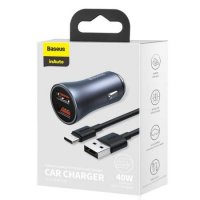 Зарядно за кола 12V - 24V за телефон Baseus TZCCJD-A0G 2 USB порта 40W и кабел USB към Type-C 1м сив, снимка 5 - Друга електроника - 38109046