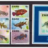ЗАИР(Конго) 1978 Риби чиста серия 9 марки и блок , снимка 1 - Филателия - 44223403