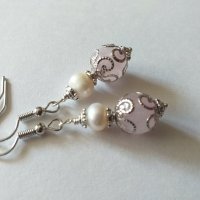 Прелестни обици с истински перли и камъкът на Любовта - Розов кварц , снимка 2 - Обеци - 32037563