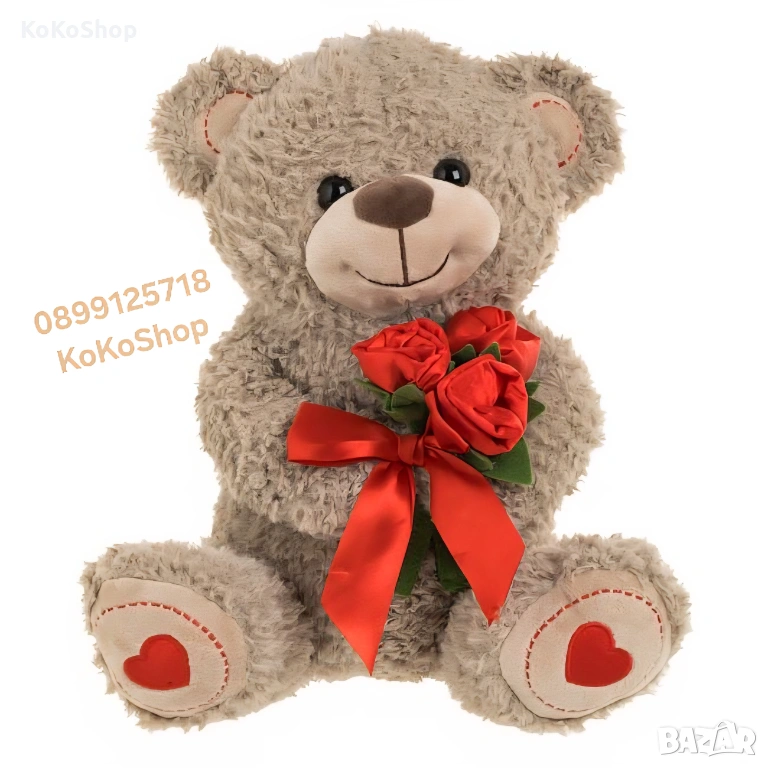 Плюшено мече с червени рози - 30 см., снимка 1