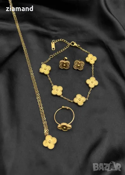 Комплект детелини гривна, колие, обеци и регулируем пръстен, снимка 1
