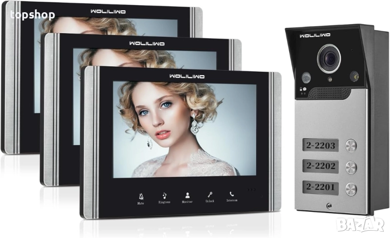 НОВ видеодомофон за 3 или 4 апартамента, 9 инча нощно виждане, дистанционно отключване двупосочен, снимка 1