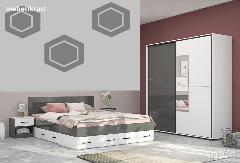 Спален комплект Аполо 5 - плъзгащи врати, огледало, 160/200, Антрацит гланц/Бяло гланц, снимка 1