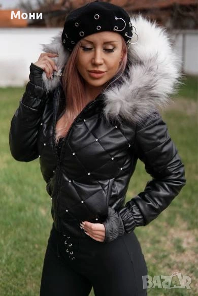 Кожено яке с пухена качулка ХС С М Л ХЛ Цена: 72,58€ Еконт, снимка 1