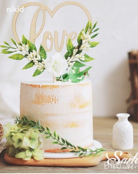 Голям Love сърце дървен с цветя надпис за сватбена торта Свети Валентин топер украса за сватба декор, снимка 1