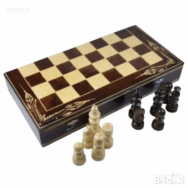 Комплект шах и табла, Дървен, Дърворезбована кутия, Кафяв, 32х32 см, снимка 1