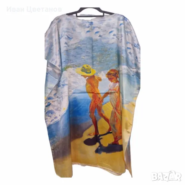 Лятна плажна туника от коприна, с артистични и морски десени, снимка 1