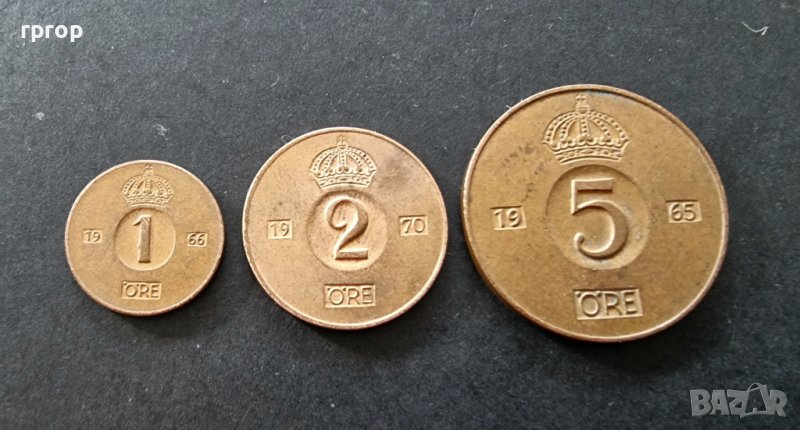  Монети. Швеция. 1 ,2 ,5 оре. Стара емисия. , снимка 1