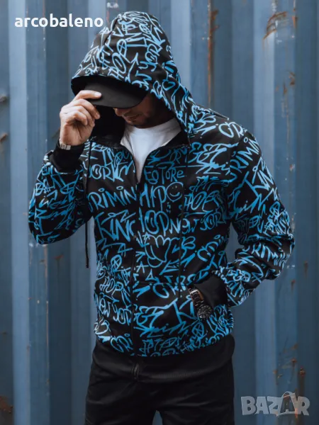 Мъжки суичър с щампа с качулка и цип , снимка 1