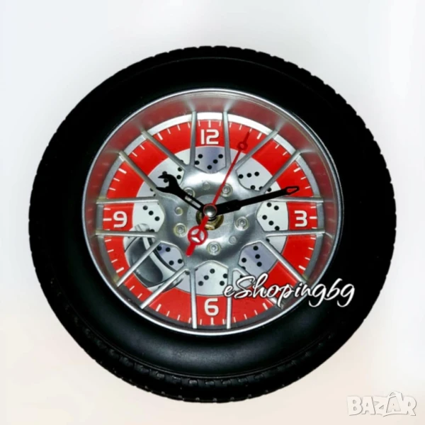 Стенен часовник – Автомобилна гума в синьо и червено, снимка 1