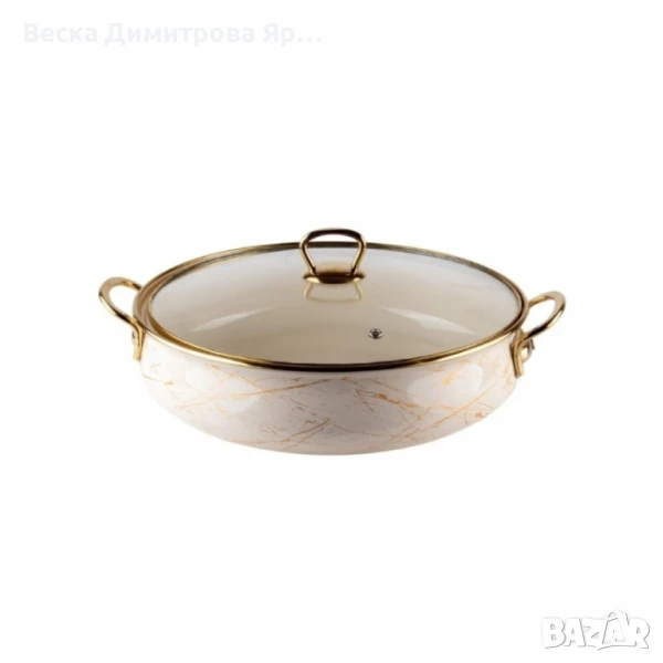 Тенджера Goldmann 24x8см. 3.2л./ 26x8.5см. 4л. Плитка. Емайл. Индукция. Бял/Старо злато, снимка 1