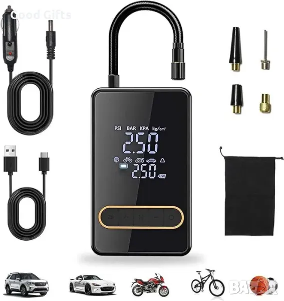 Преносим акумулаторен компресор с дисплей за помпане на гуми с детектор за налягане, снимка 1