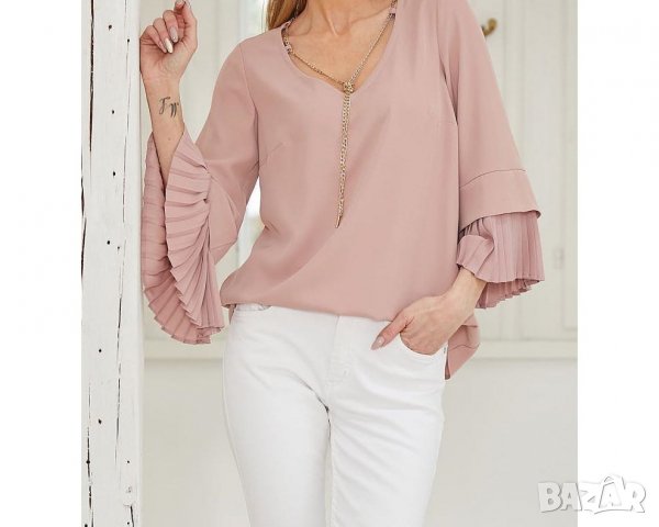 Елегантна дамска блуза в розово с верижка марка La Aurora, снимка 1 - Блузи с дълъг ръкав и пуловери - 31939461
