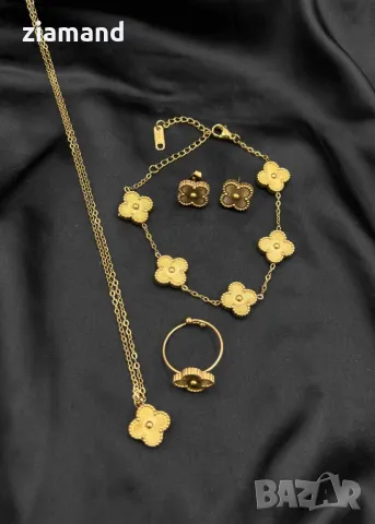 Комплект детелини гривна, колие, обеци и регулируем пръстен