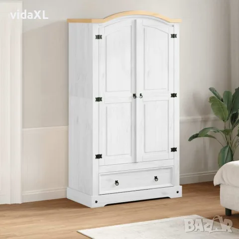 vidaXL Гардероб "Corona" бял 102x52x186 см бор масив, снимка 2 - Гардероби - 56147403