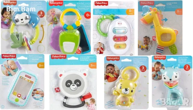 Бебешки дрънкалки гризалки- Ключодържател / Ксилофон / Ленивец-  Fisher Price- много различни модели