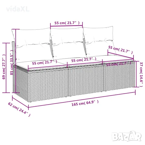 vidaXL Градински диван с възглавници, 3-местен, сив, полиратан, снимка 10 - Градински мебели, декорация  - 56147339