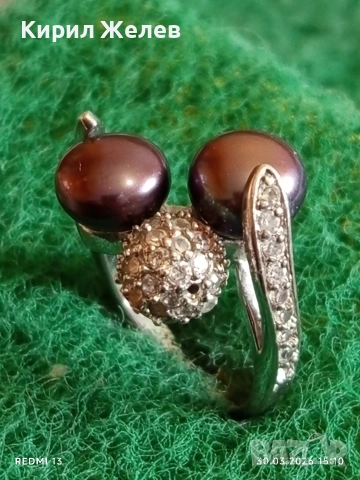 Изящен модерен сребърен пръстен с черни ПЕРЛИ и кристали стил и елегантност 54194, снимка 4 - Пръстени - 54027362