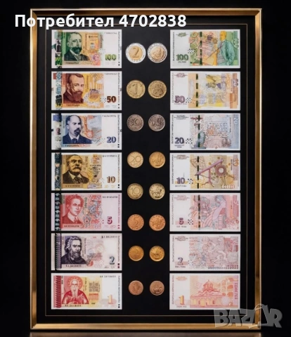 Рамка с български банкноти и монети.
