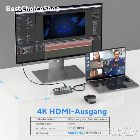 USB C Hub Многопортов адаптер, Mosirui 9-в-1 USB-C докинг станция с 4K HDMI, 5Gbps Type C 3.0, снимка 5 - Кабели и адаптери - 54154839
