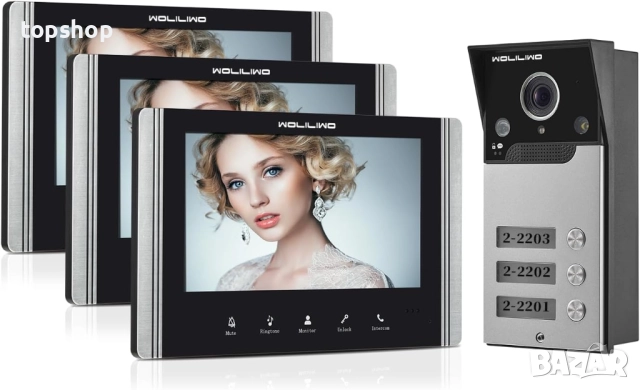 НОВ видеодомофон за 3 или 4 апартамента, 9 инча нощно виждане, дистанционно отключване двупосочен