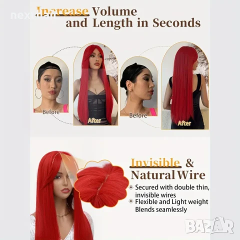 80 см Ярко червена права синтетична перука с дълъг бретон, снимка 3 - Аксесоари за коса - 50573481