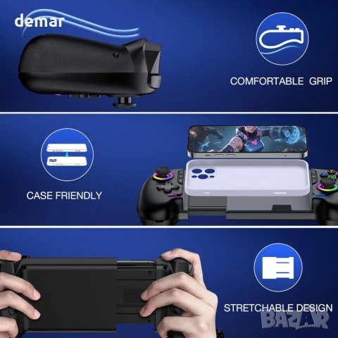 Безжичен мобилен геймпад HASACOOL за iPhone/Android с джойстик с ефект на Хол, RGB, снимка 8 - Друга електроника - 50582563