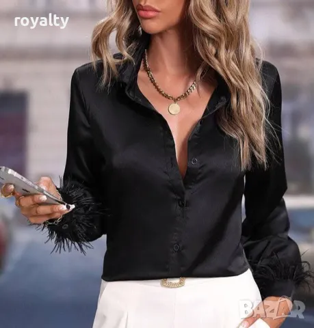 Дамска риза със сатенен ефект и естествени пера, снимка 3 - Ризи - 49052422