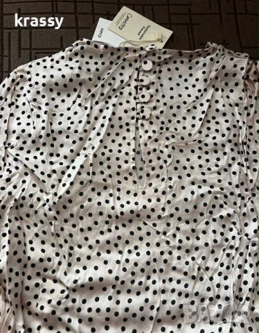 НОВА дамска сатенена блуза на точки (размер XS), снимка 2 - Блузи с дълъг ръкав и пуловери - 51191374