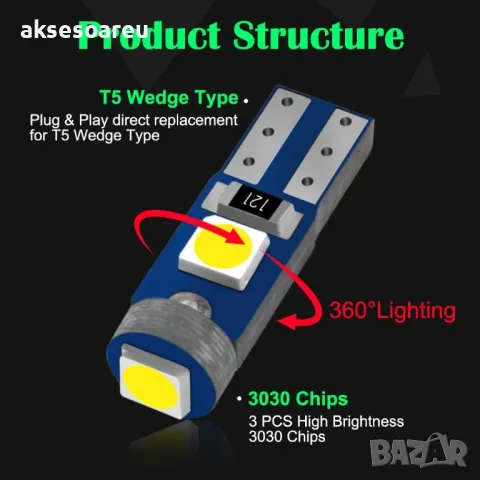 10 бр. малки габаритни крушки за арматурно табло T5 3SMD LED супер ярък 3030 LED вътрешно осветление, снимка 14 - Аксесоари и консумативи - 50385600