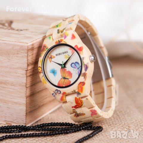 Дамски часовник с каишка от верижно дърво и изрисувани пеперуди, снимка 13 - Дамски - 36250779