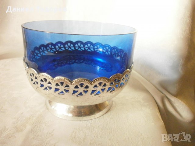  Стара Руска Посребрена Фруктиера, с Кобалтово Синьо Стъкло, снимка 2 - Антикварни и старинни предмети - 32013345