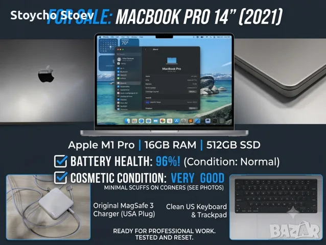 MacBook+Pro+14"+(2021)+/+Apple+M1+Pro16GBRAM512GB+SSDБатерия96%