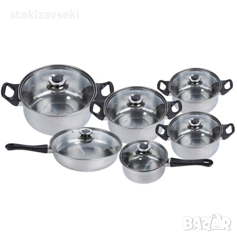 Комплект готварски съдове от инокс 12 части: 5 тенджери, тиган и стъклени капаци (16-24 см), снимка 2 - Съдове за готвене - 54083681