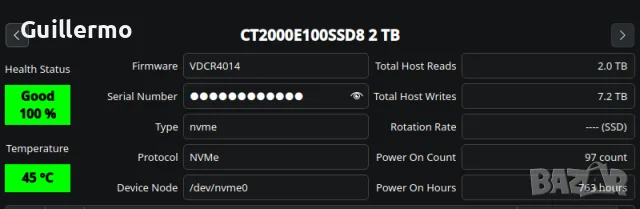 Crucial E100 NVMe m.2 SSD 2tb (100%) почти нов, снимка 3 - Твърди дискове - 56077211