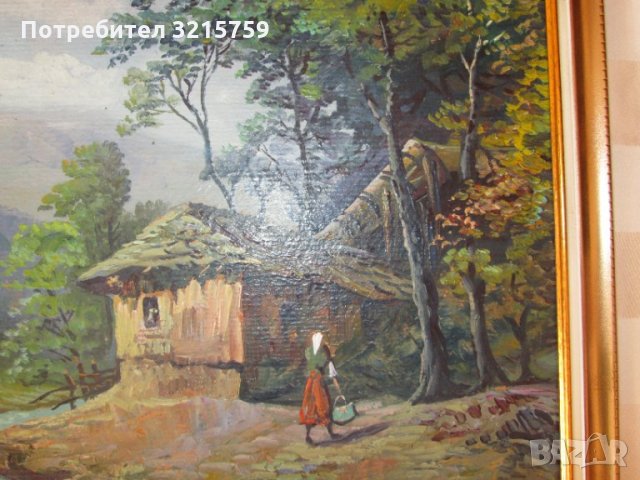 Стара картина ,Виктор Попов селски пейзаж,маслени бои,картонбои, снимка 6 - Картини - 35502034