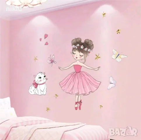 Момиче балерина с коте котенце самозалепващ стикер лепенка за стена мебел детска стая