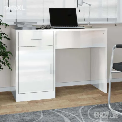 vidaXL Бюро с чекмедже и шкаф бял гланц 100x40x73 см, инженерно дърво, снимка 2 - Бюра - 56147075