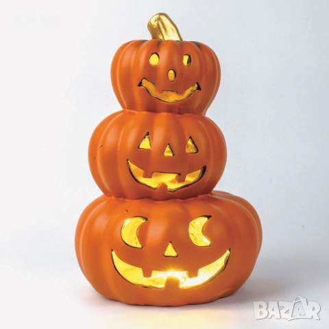 Halloween / Хелоуин декоративна композиция тикви от полирезин с LED осветление, 17x17x28 см_1256075
